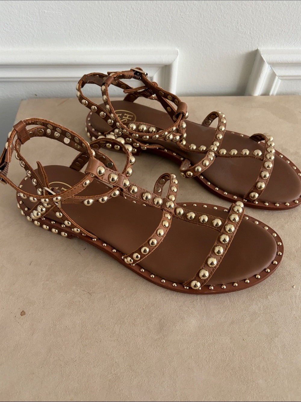 ASH Tan and Gold Studded Sandals.